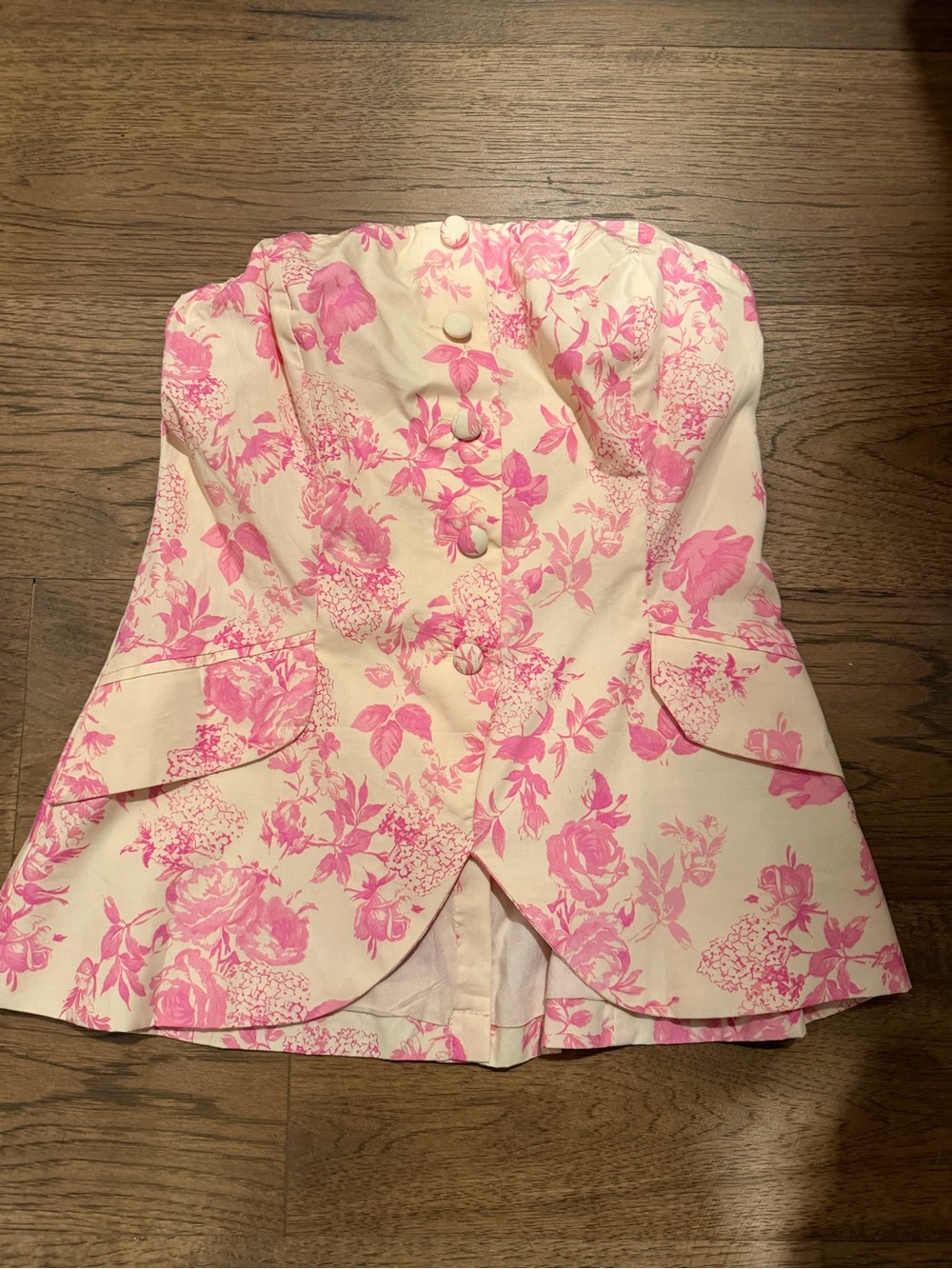 Olivaceous Cream and Pink Floral Strapless Peplum Blazer